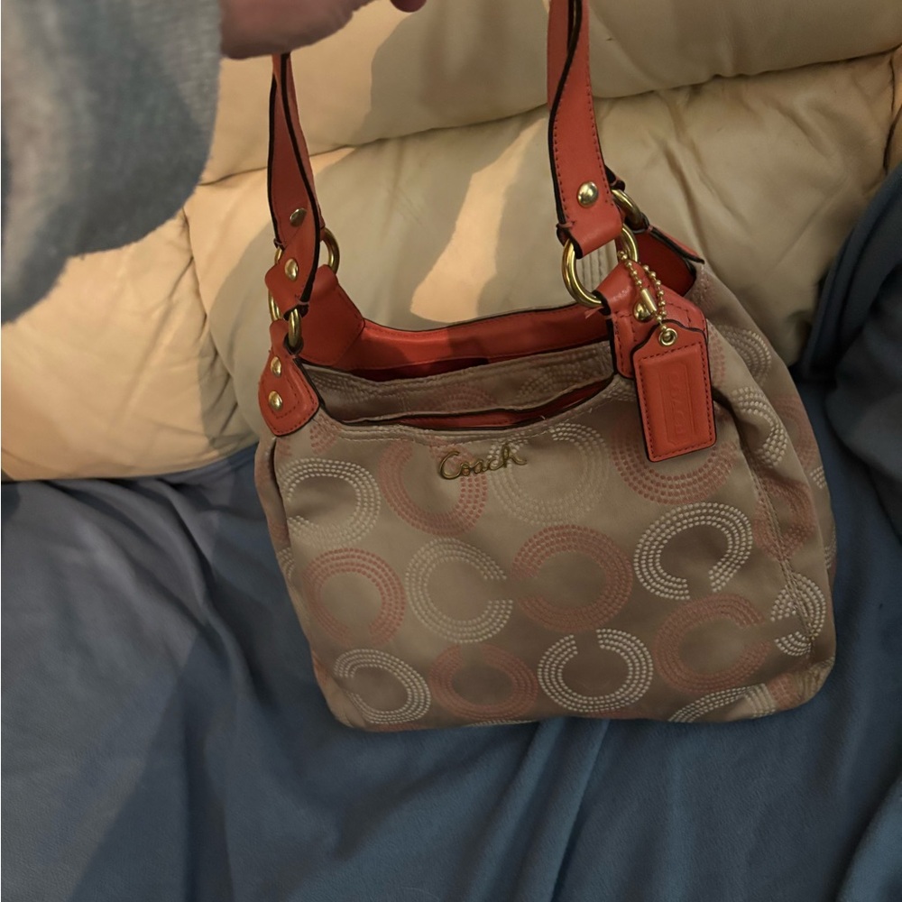 Coach Tan and Orange Shoulder Bag with Leather Trim